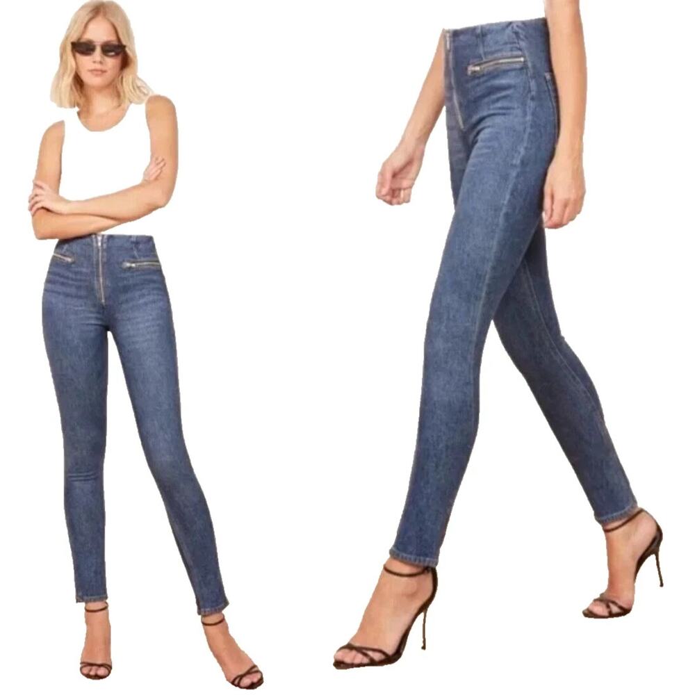 Reformation Denim Jeans 24 Niki Zip Front High Rise Skinny Stretch Blue Seamed